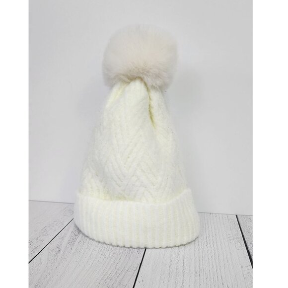Knitted Beanie Hat With Faux Fur Pom Pom - Picture 1 of 5